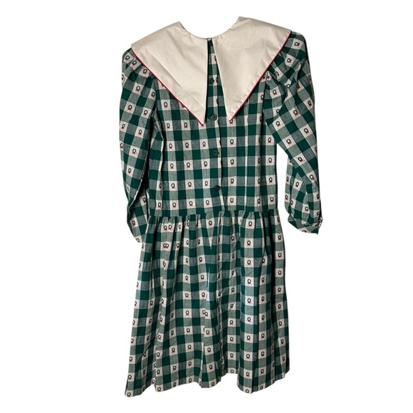 Vtg Hearts Design Dress Girls 12 Green Ivory Check Christmas Holiday USA Modest - Picture 2 of 12